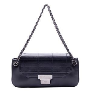 Metal Fittings Silver Pushlock Chain Shoulder Calf Leather Black Shoulder Bag
